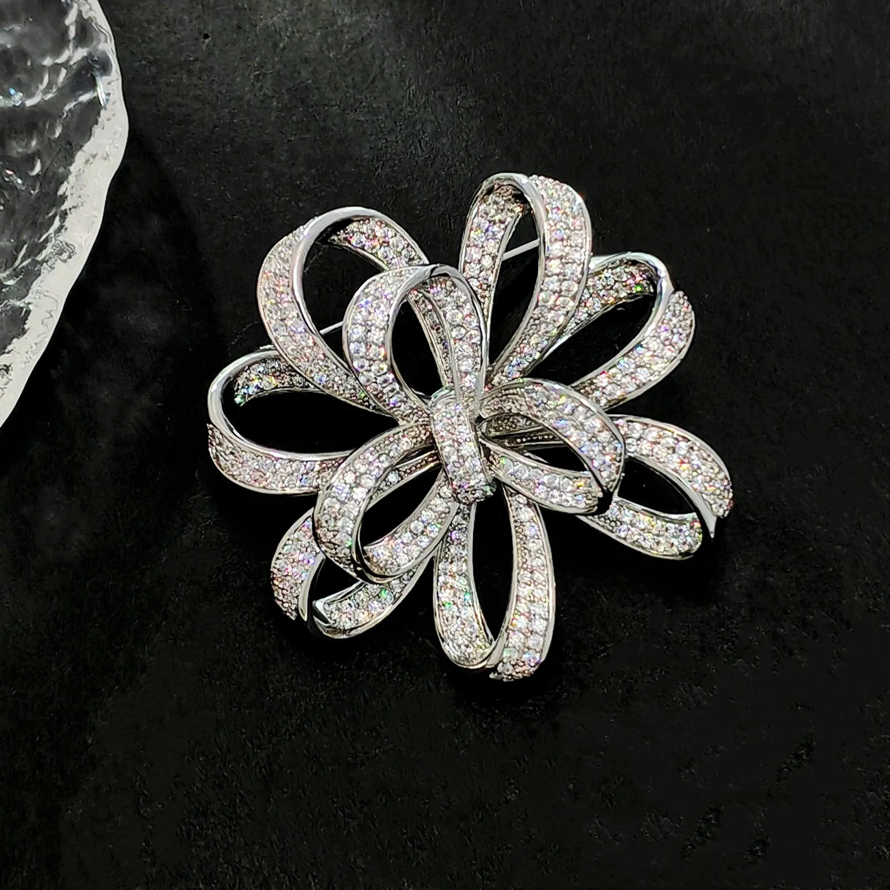 Jewelblings Victorian Vintage Silvertone Micro Pave Clear CZ Ribbon Bow Brooches Circlet Floral Style Bowtie Pin Broach Women Bridal Jewelry