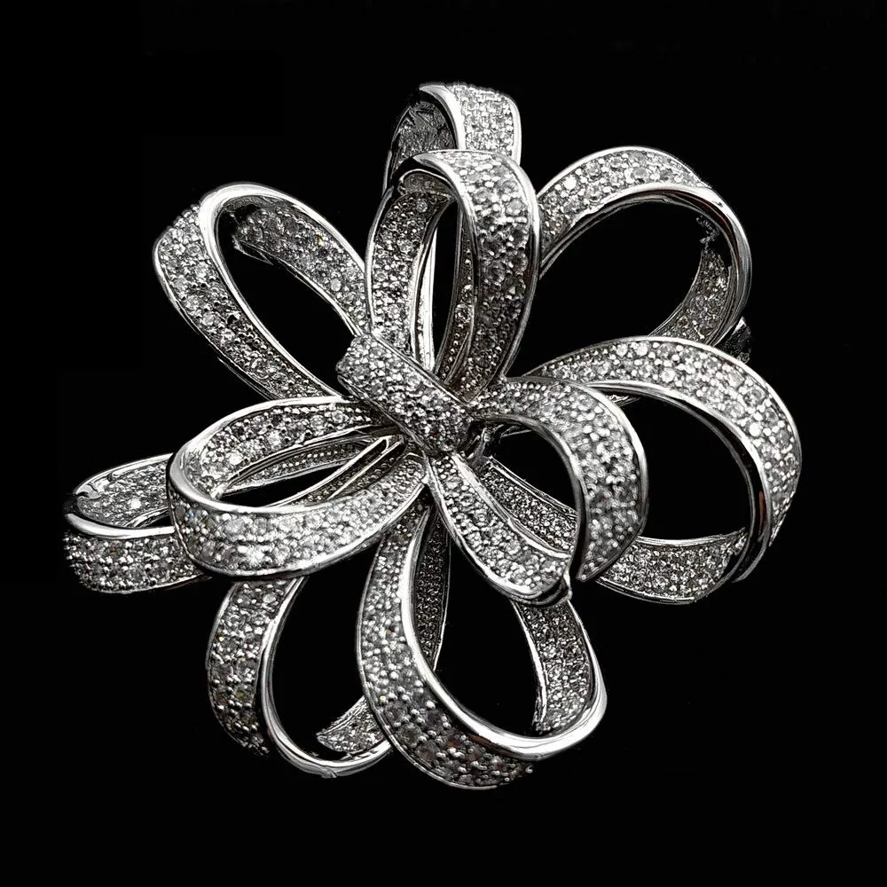 Jewelblings Victorian Vintage Silvertone Micro Pave Clear CZ Ribbon Bow Brooches Circlet Floral Style Bowtie Pin Broach Women Bridal Jewelry