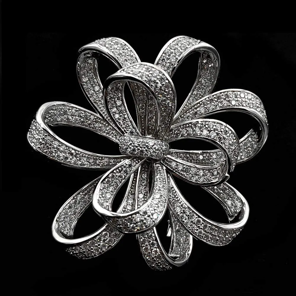 Jewelblings Victorian Vintage Silvertone Micro Pave Clear CZ Ribbon Bow Brooches Circlet Floral Style Bowtie Pin Broach Women Bridal Jewelry