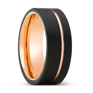 LUMINOUS | Rose Gold Ring, Black Tungsten Ring, Rose Gold Offset Groove, Brushed, Flat