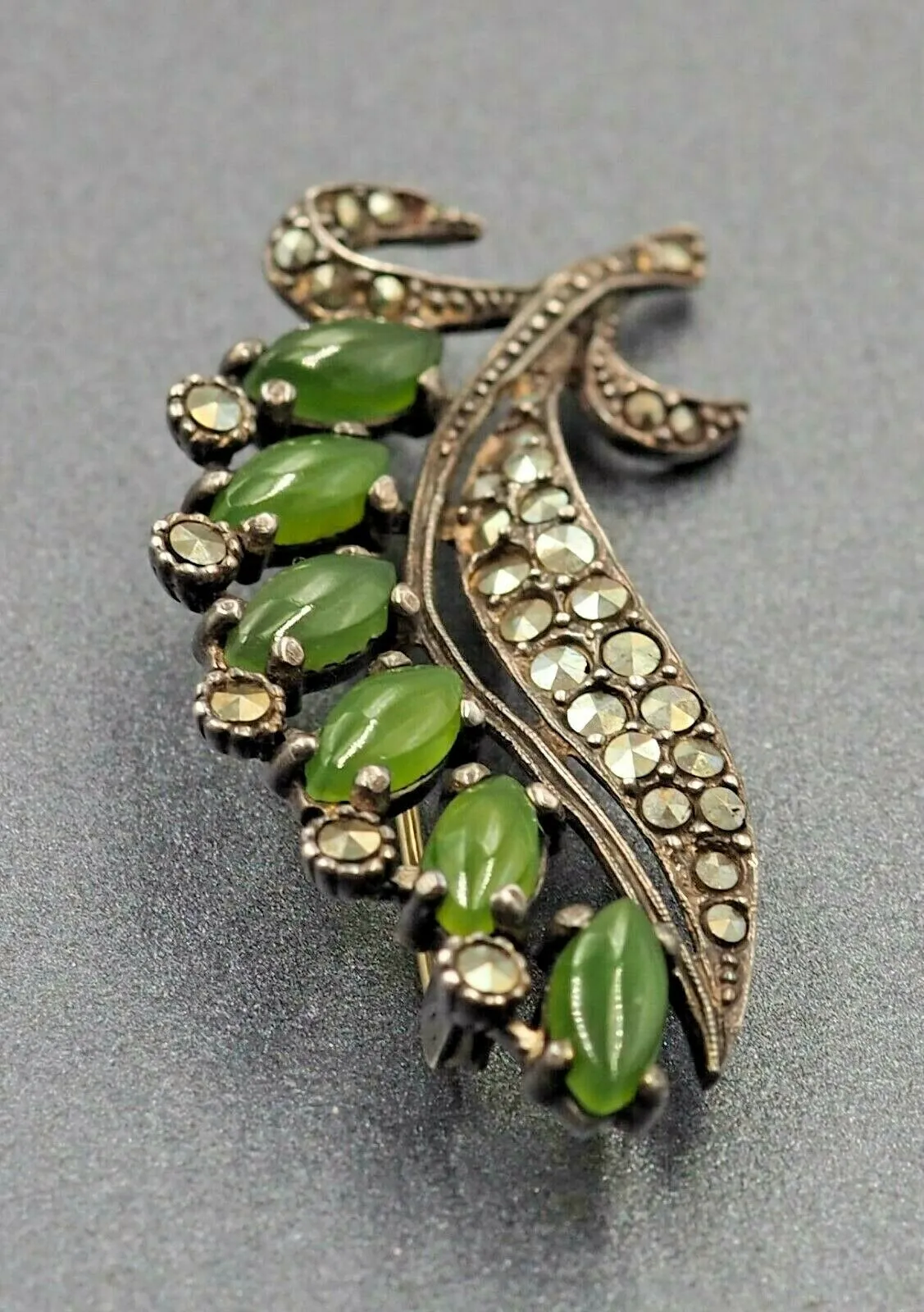 Marcasite & Jade Sterling Silver Brooch