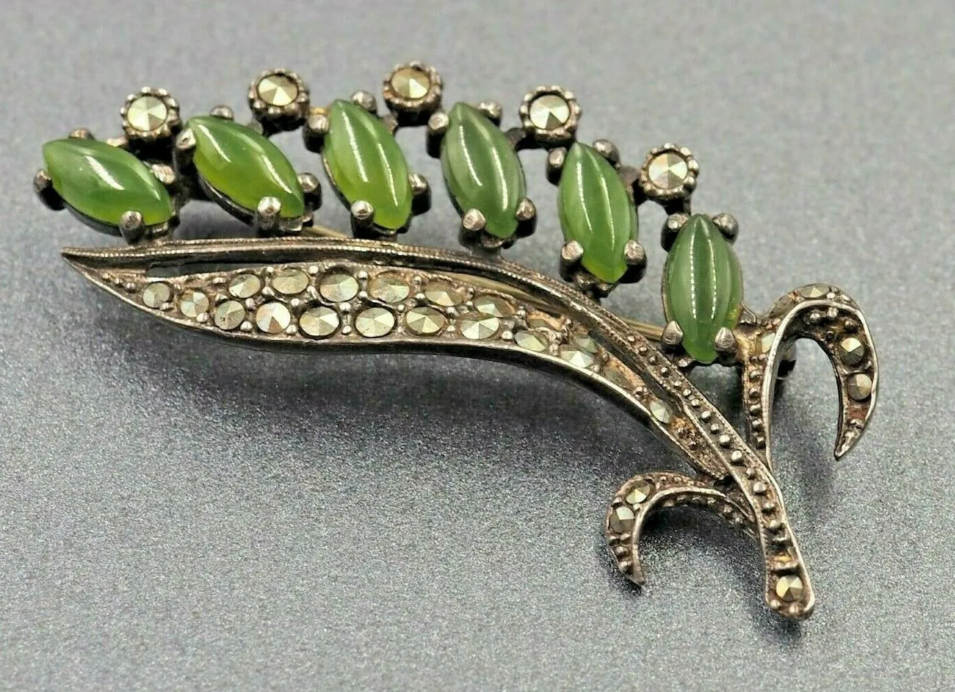 Marcasite & Jade Sterling Silver Brooch