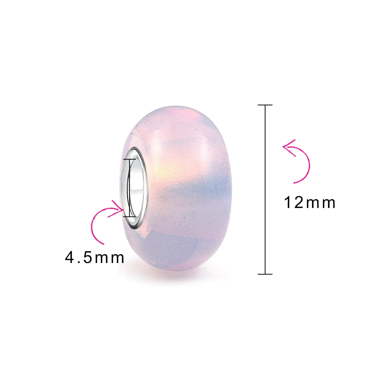 Milky Pink Opaque Murano Glass Charm Bead with Sterling Silver Core for Bracelets