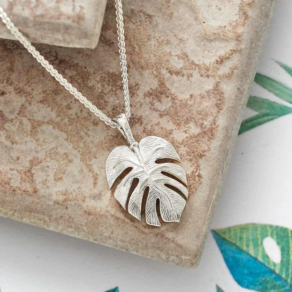 Monstera Palm Leaf Silver Necklace