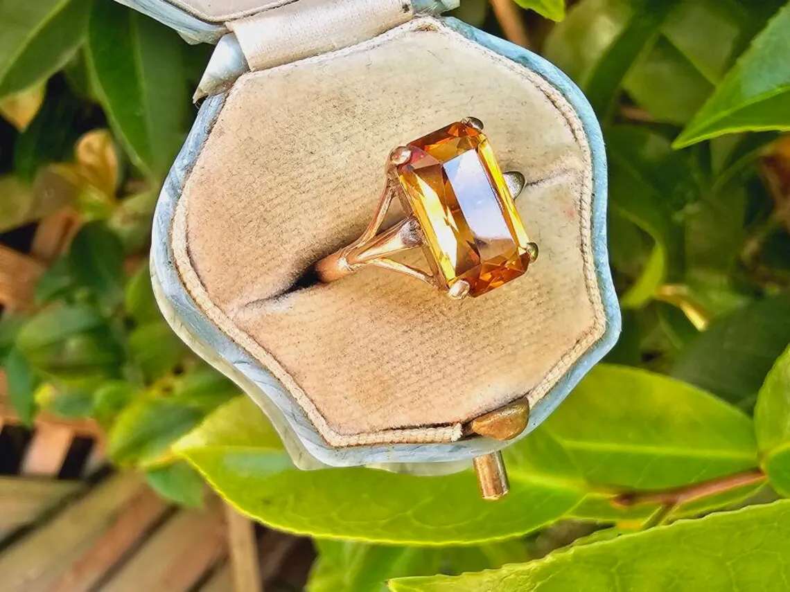 Natural Emerald Cut Citrine 14k Gold Vermeil Vintage Solitaire Rings