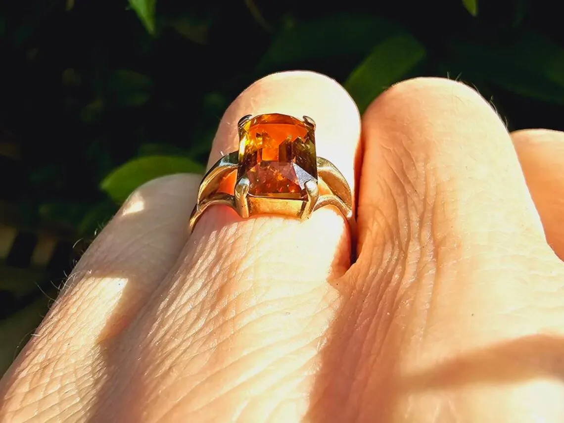 Natural Emerald Cut Citrine 14k Gold Vermeil Vintage Solitaire Rings