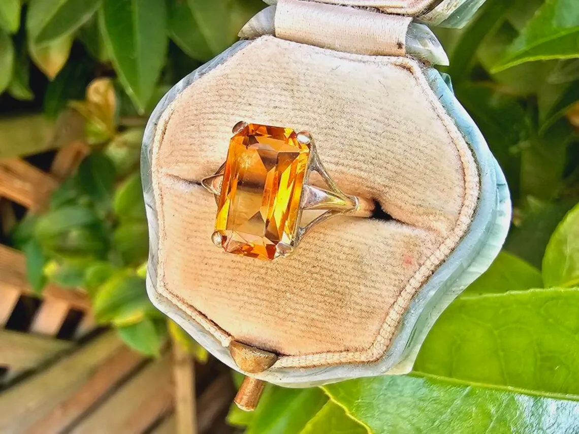 Natural Emerald Cut Citrine 14k Gold Vermeil Vintage Solitaire Rings