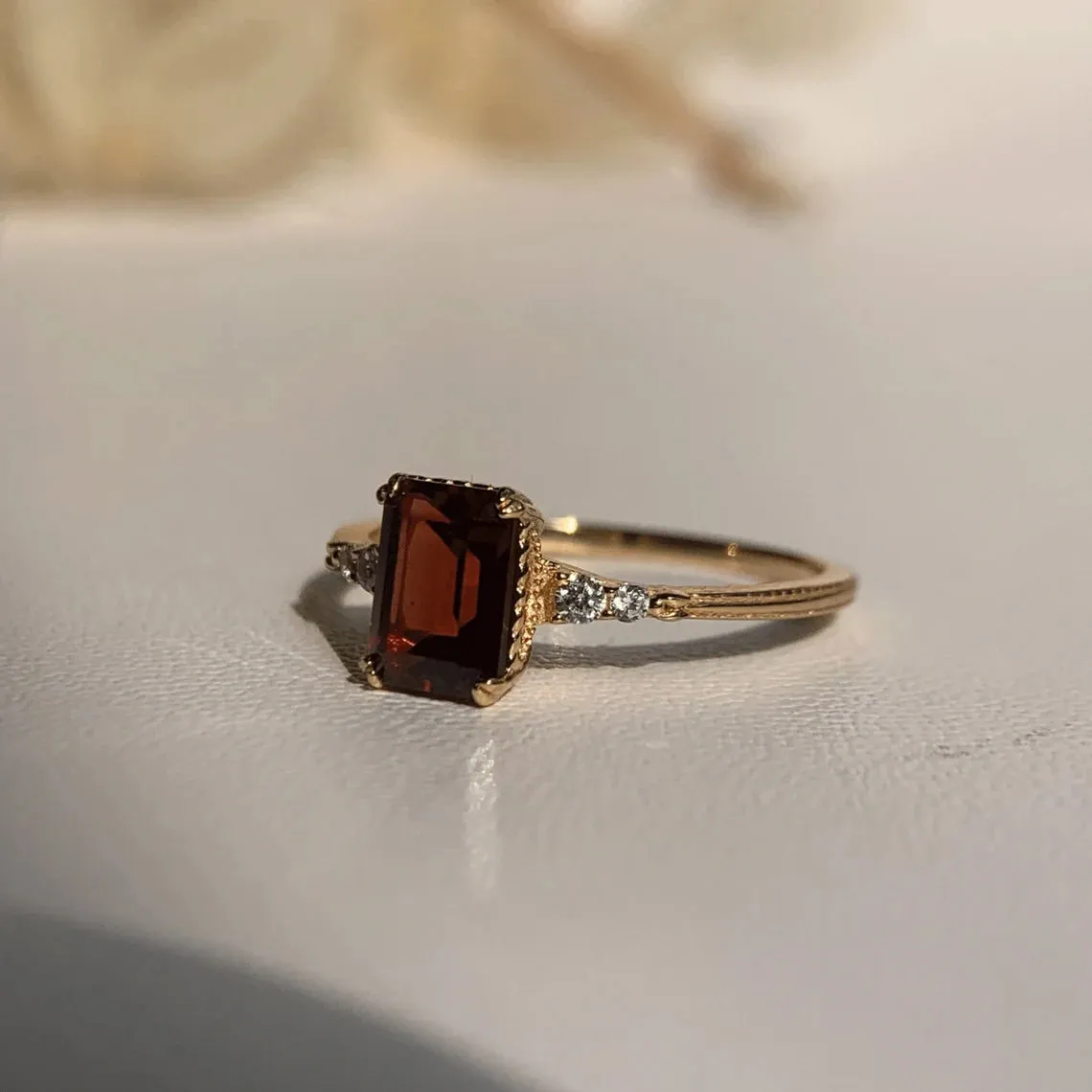 Natural Emerald Cut Garnet Promise Ring - 14k Gold Vermeil Ring