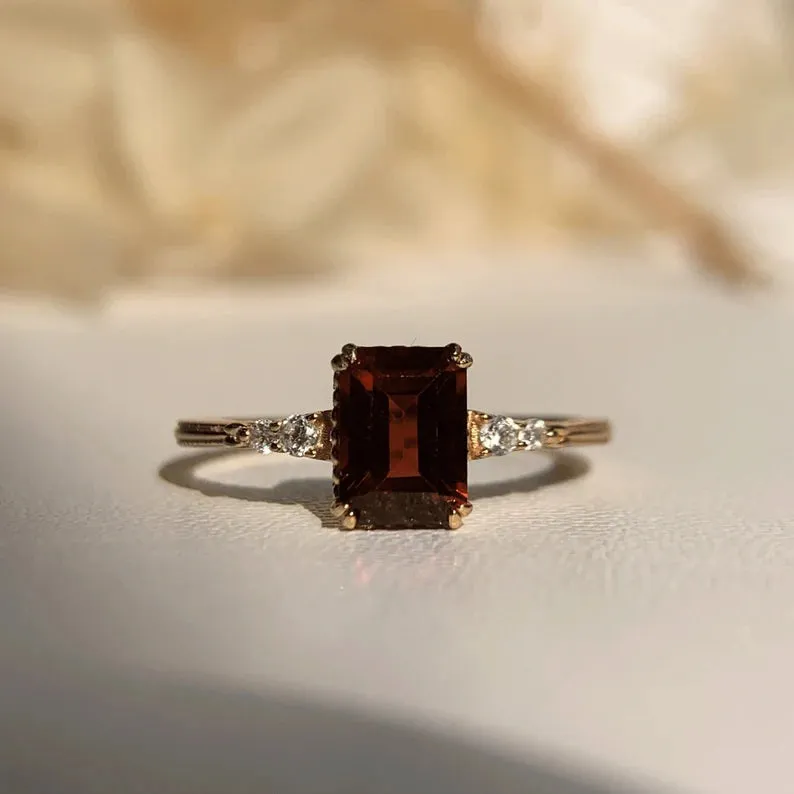 Natural Emerald Cut Garnet Promise Ring - 14k Gold Vermeil Ring