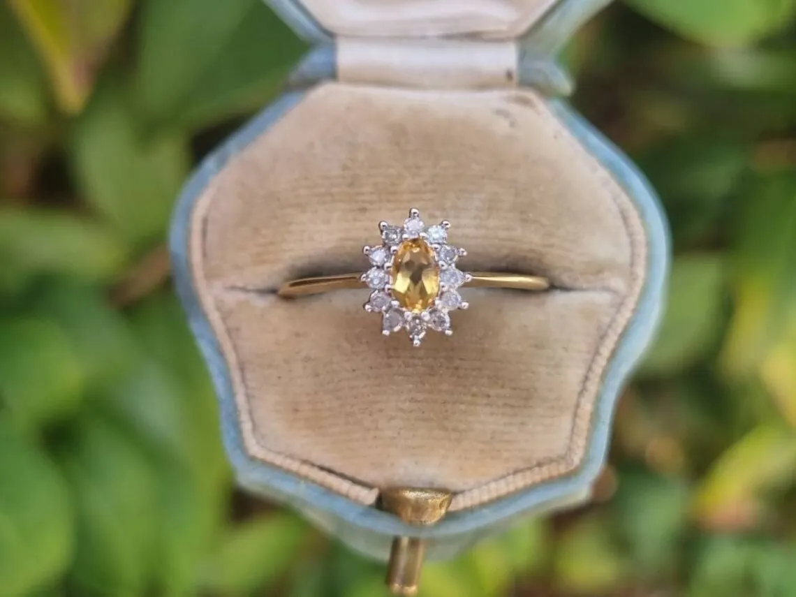 Natural Oval Cut Citrine Halo Promise Vintage Rings - 14k Gold Vermeil Rings