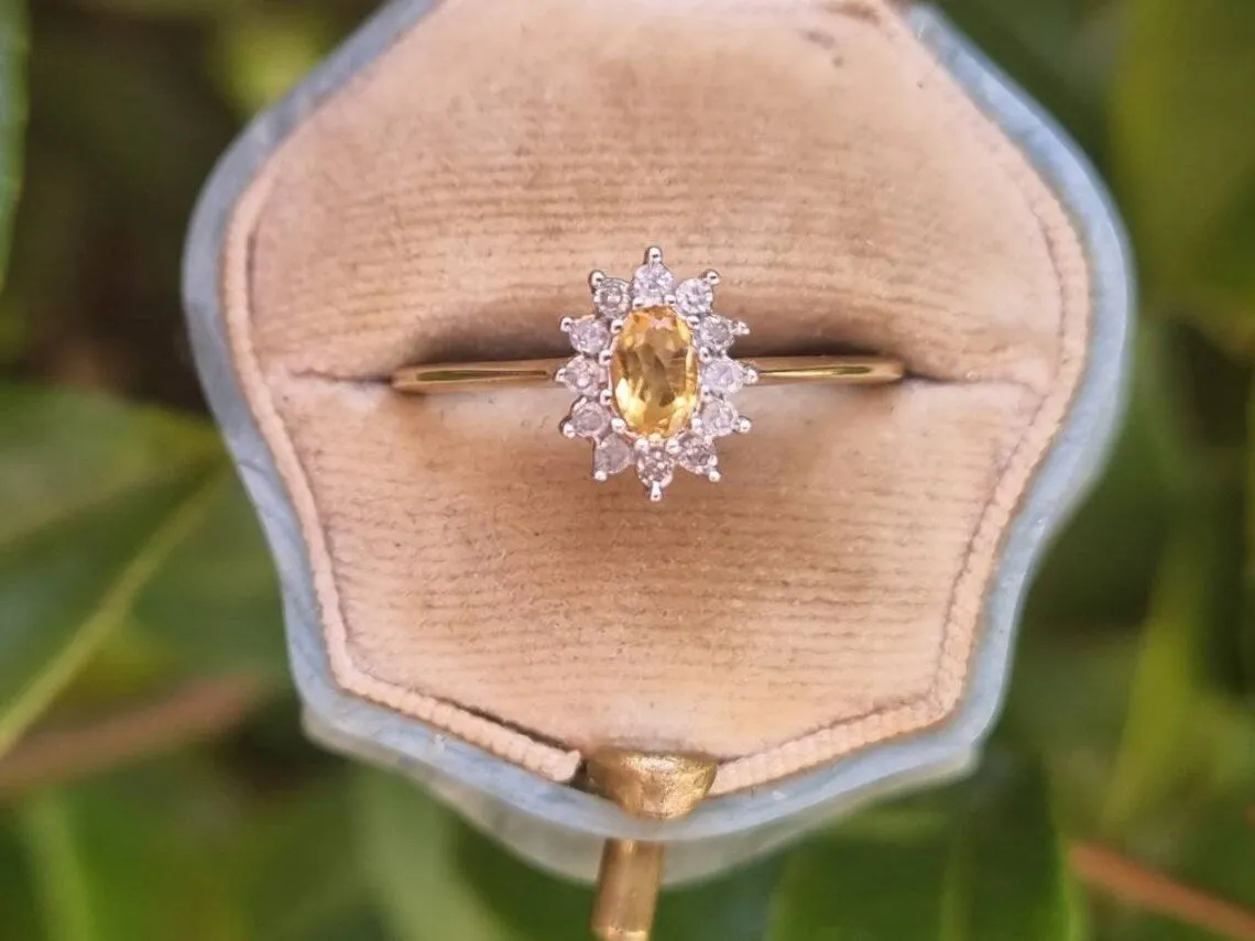 Natural Oval Cut Citrine Halo Promise Vintage Rings - 14k Gold Vermeil Rings