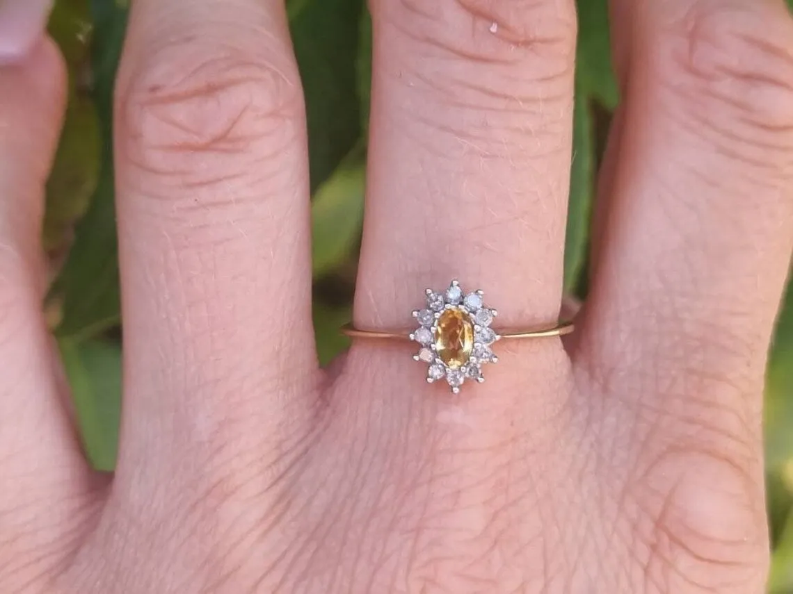 Natural Oval Cut Citrine Halo Promise Vintage Rings - 14k Gold Vermeil Rings