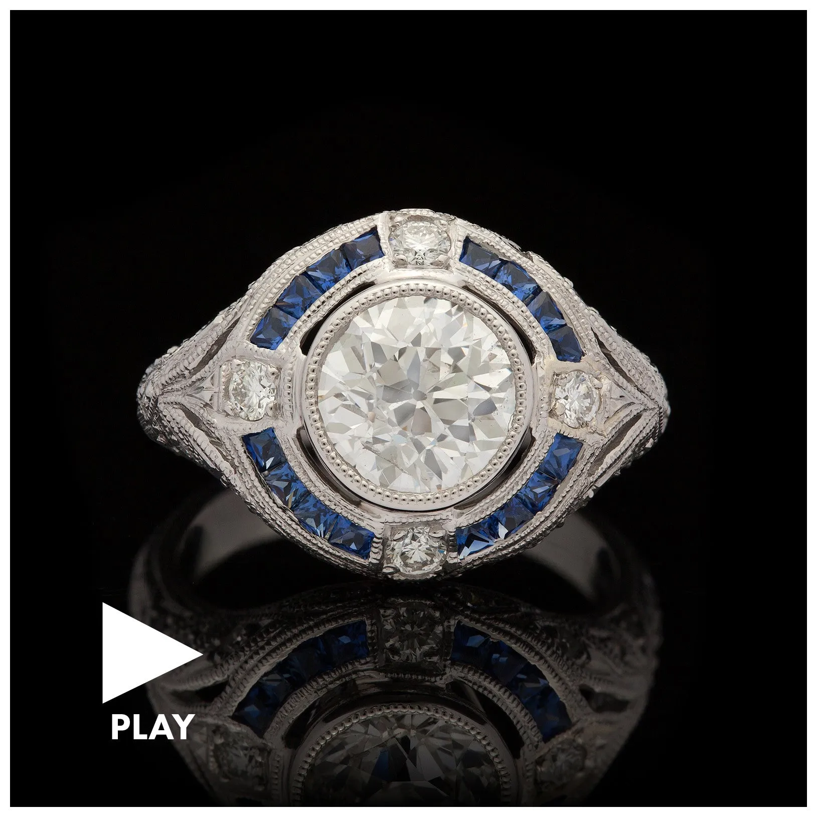 Old European Cut Diamond & Blue Sapphire Platinum Ring