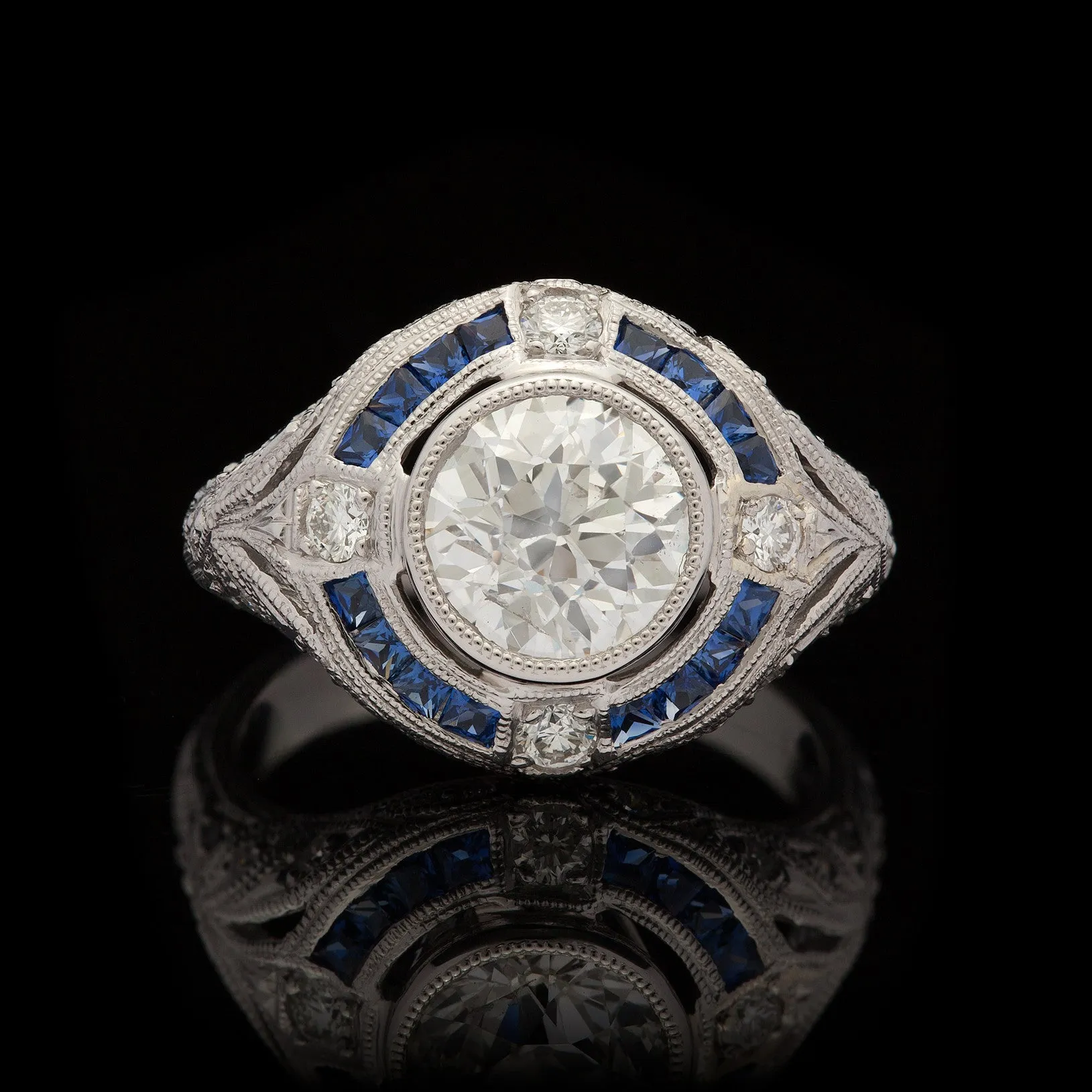 Old European Cut Diamond & Blue Sapphire Platinum Ring