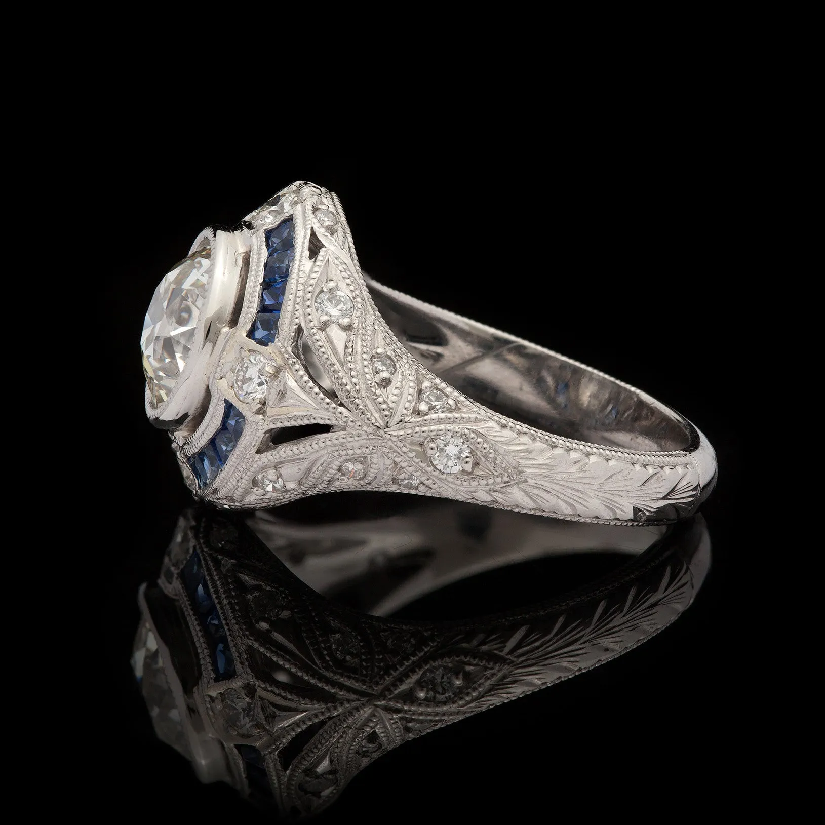 Old European Cut Diamond & Blue Sapphire Platinum Ring