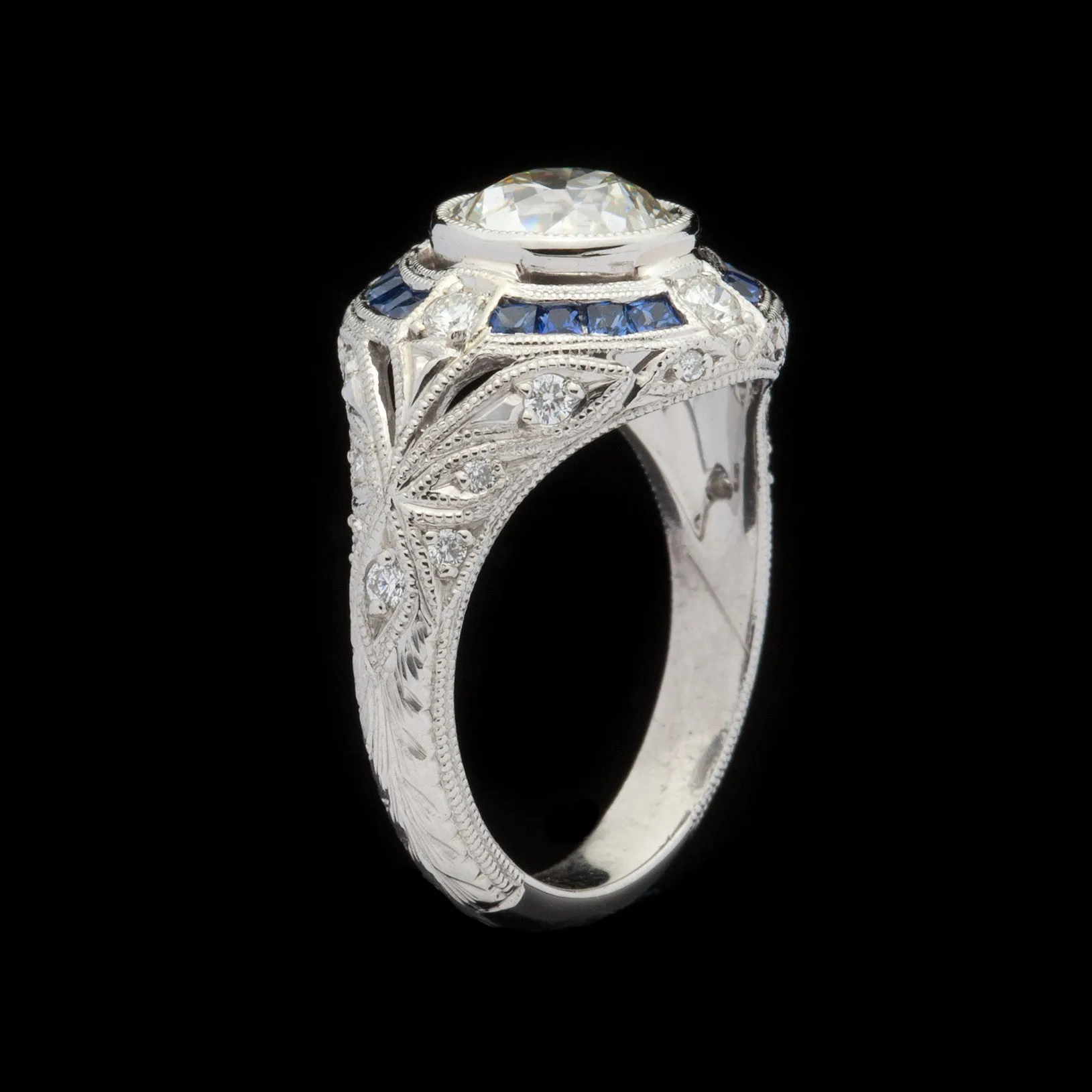 Old European Cut Diamond & Blue Sapphire Platinum Ring