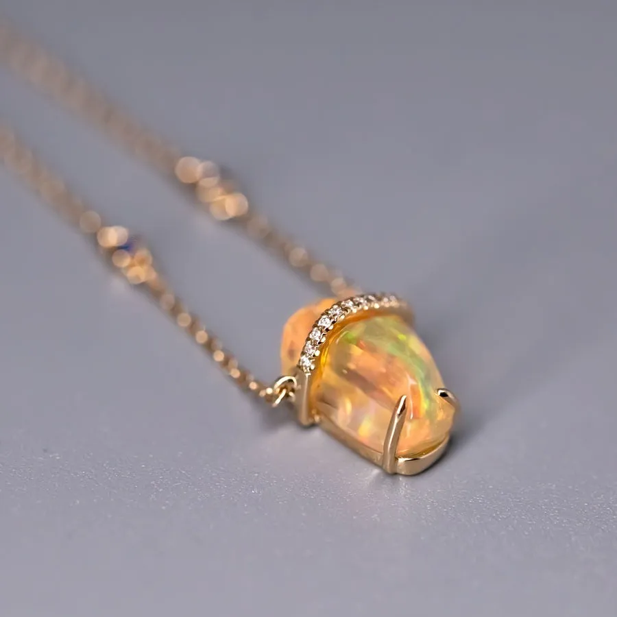 One-of-Kind Mexican Fire Opal & Diamond Sapphire Necklace 18K Yellow Gold