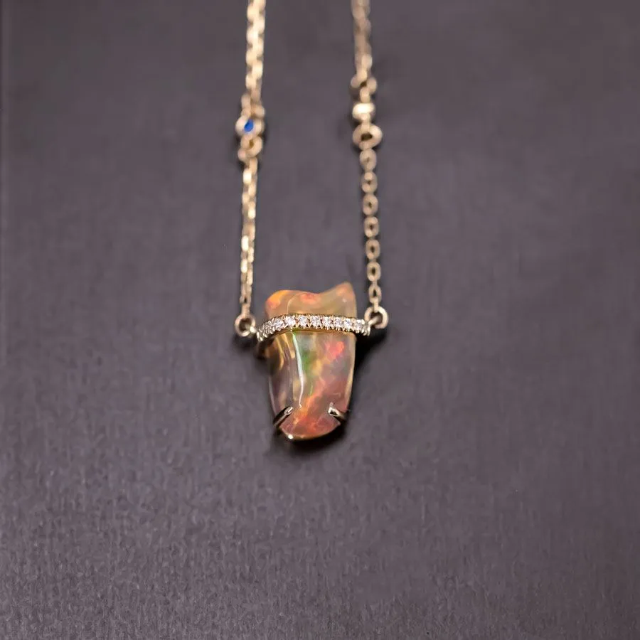 One-of-Kind Mexican Fire Opal & Diamond Sapphire Necklace 18K Yellow Gold