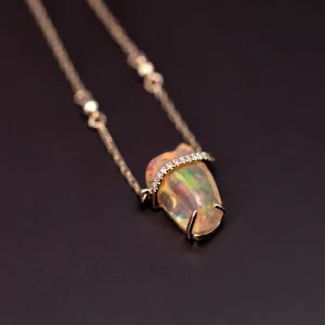 One-of-Kind Mexican Fire Opal & Diamond Sapphire Necklace 18K Yellow Gold