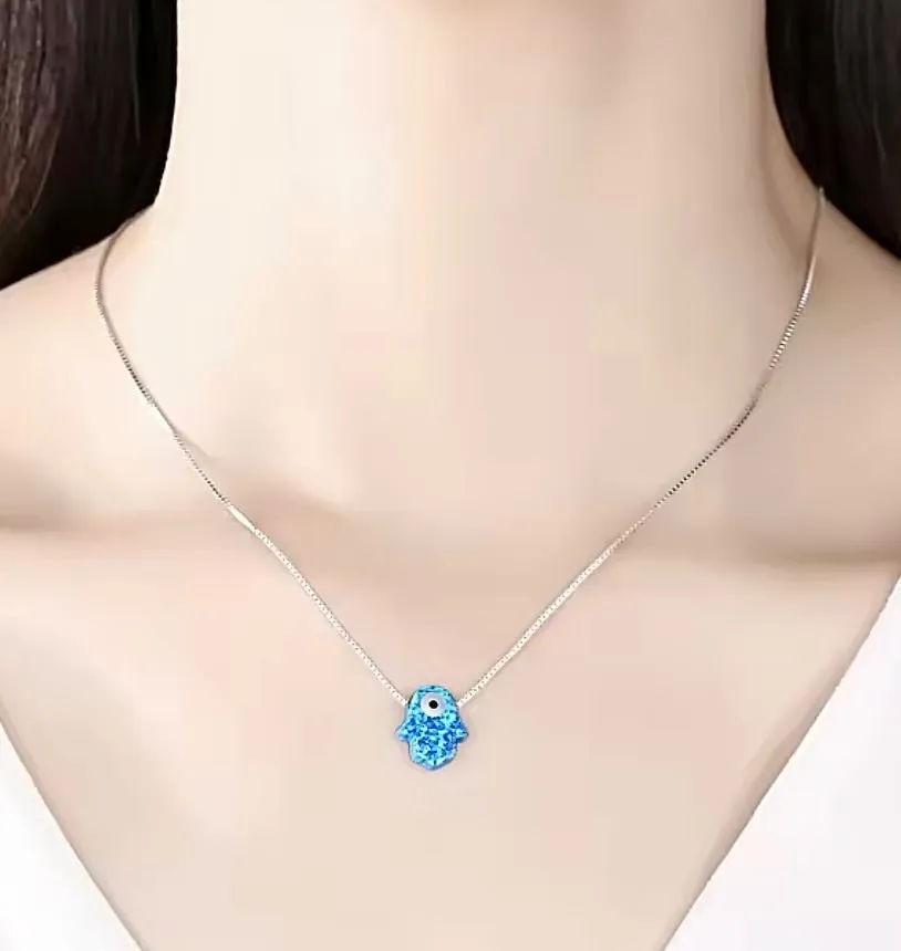 Opal Evil Eye Hamsa Hand Necklace