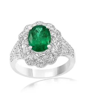 Oval Emerald Ring with Scalloped Diamond Frame