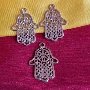 Rhodium Plated 10 PCS PACK/ HAMSA HAND FATIMA ZINC ALLOY METERIAL JEWELRY MAKING CHARMS Size 21x29mm