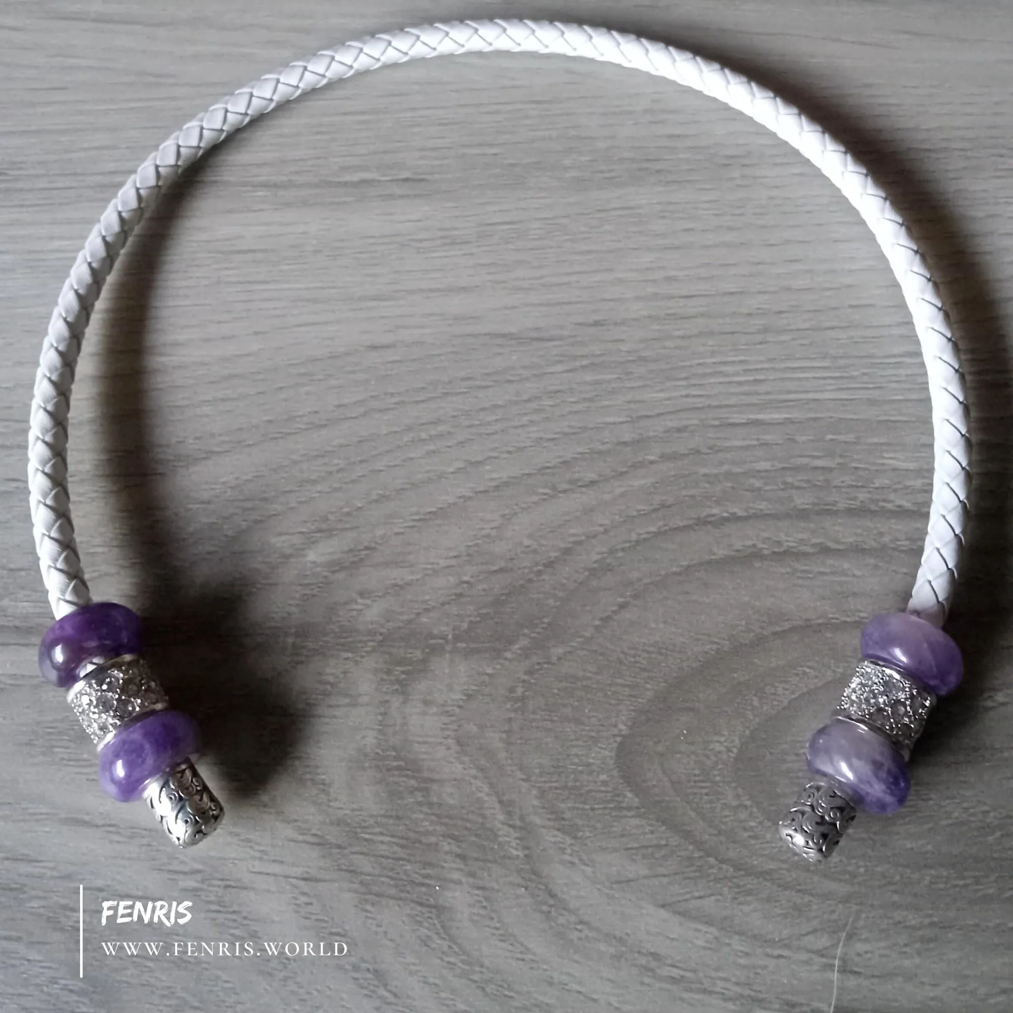 Silver Torc Purple Amethyst White Leather Necklace