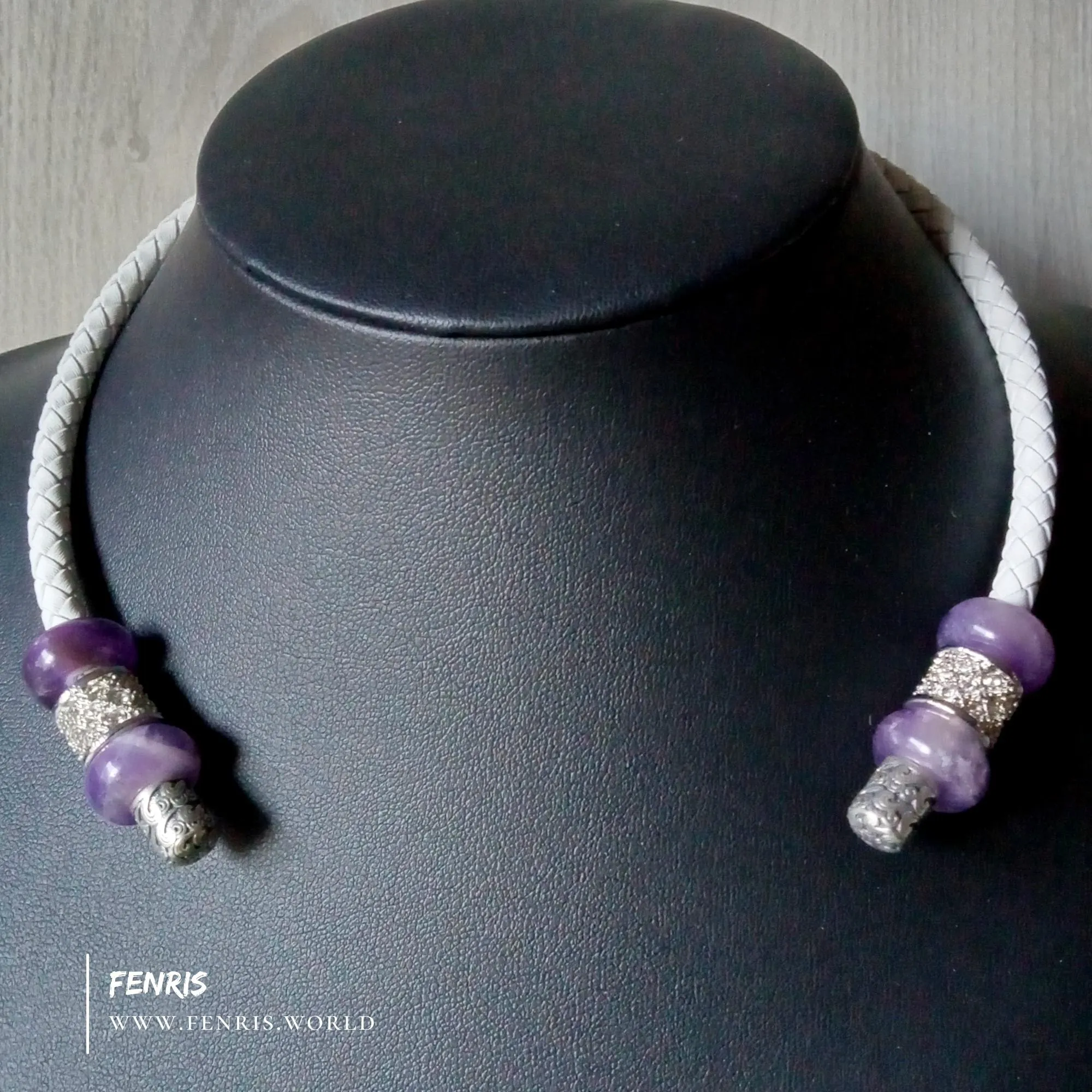 Silver Torc Purple Amethyst White Leather Necklace