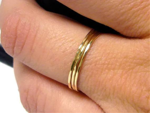 Solid 14k yellow gold stacking rings • Hammered gold bands • Wedding band set • Stackable gold rings