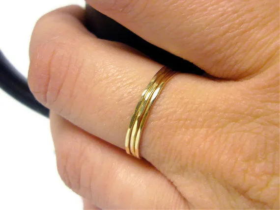 Solid 14k yellow gold stacking rings • Hammered gold bands • Wedding band set • Stackable gold rings