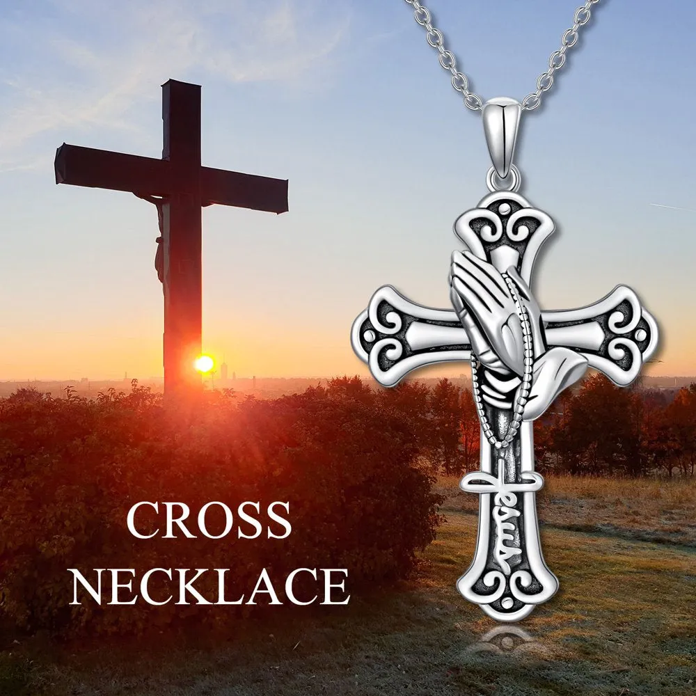 Sterling Silver Cross Necklace with Praying Hands for Christian Gifts Christmas Gifts Mothers Day