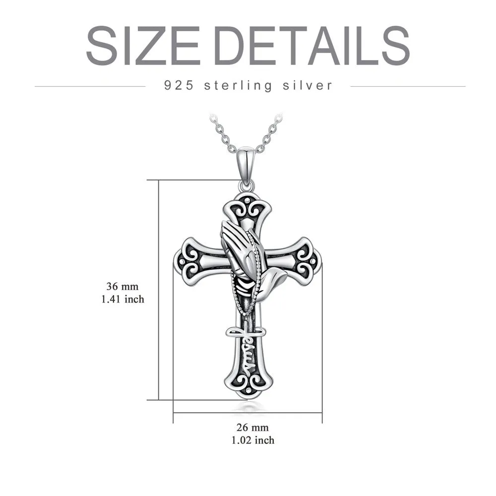 Sterling Silver Cross Necklace with Praying Hands for Christian Gifts Christmas Gifts Mothers Day