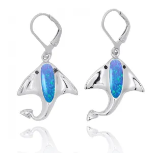 Sterling Silver Manta Ray with Blue Opal and Black Spinel Lever Back Earrings