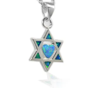 Sterling Silver Opal Heart Jewish Star Pendant