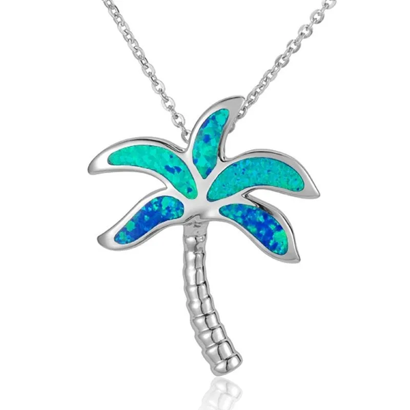 Sterling Silver Palm Tree Necklace with Opal Inlay