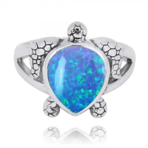 Sterling Silver Turtle Ring with Teardrop Blue Opal