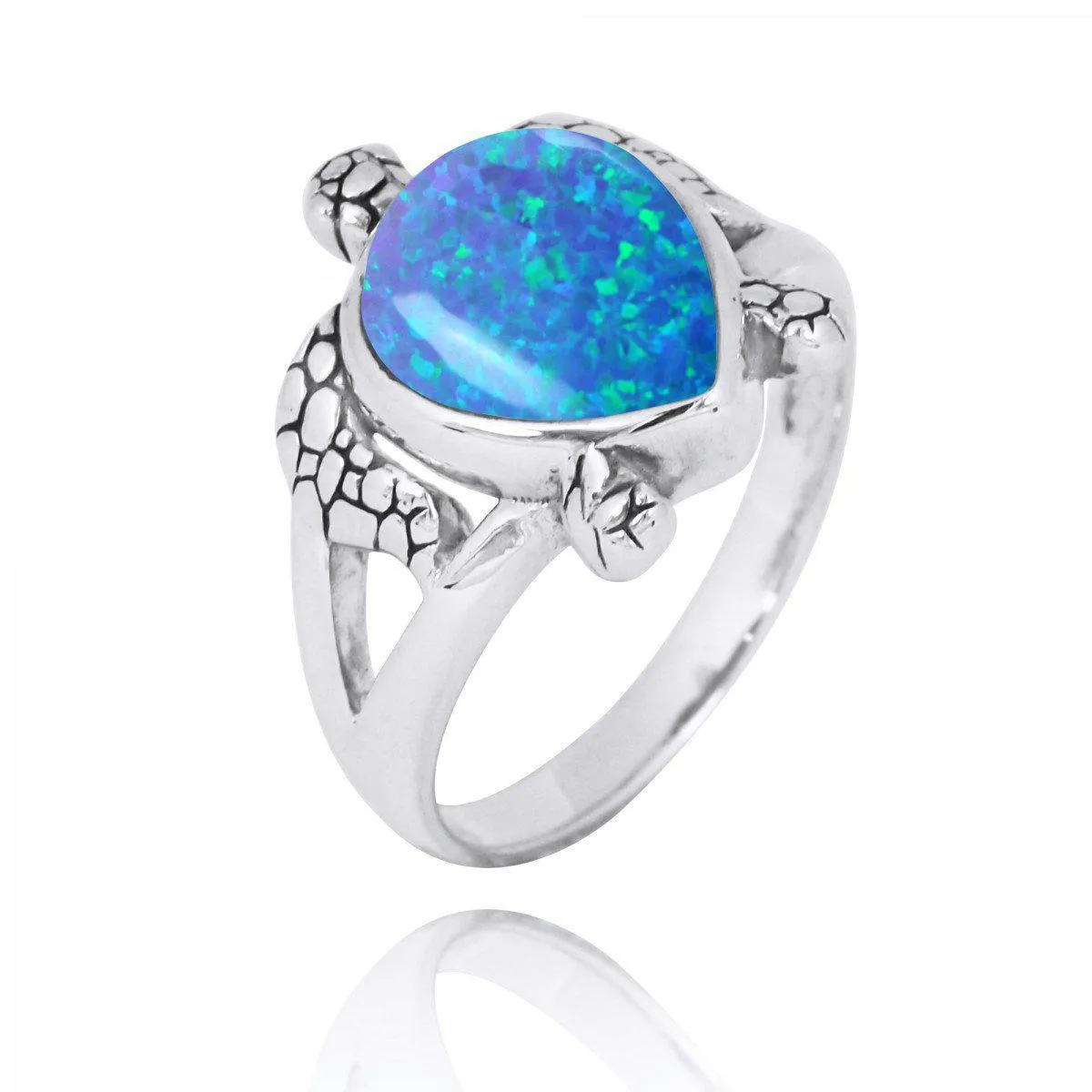 Sterling Silver Turtle Ring with Teardrop Blue Opal