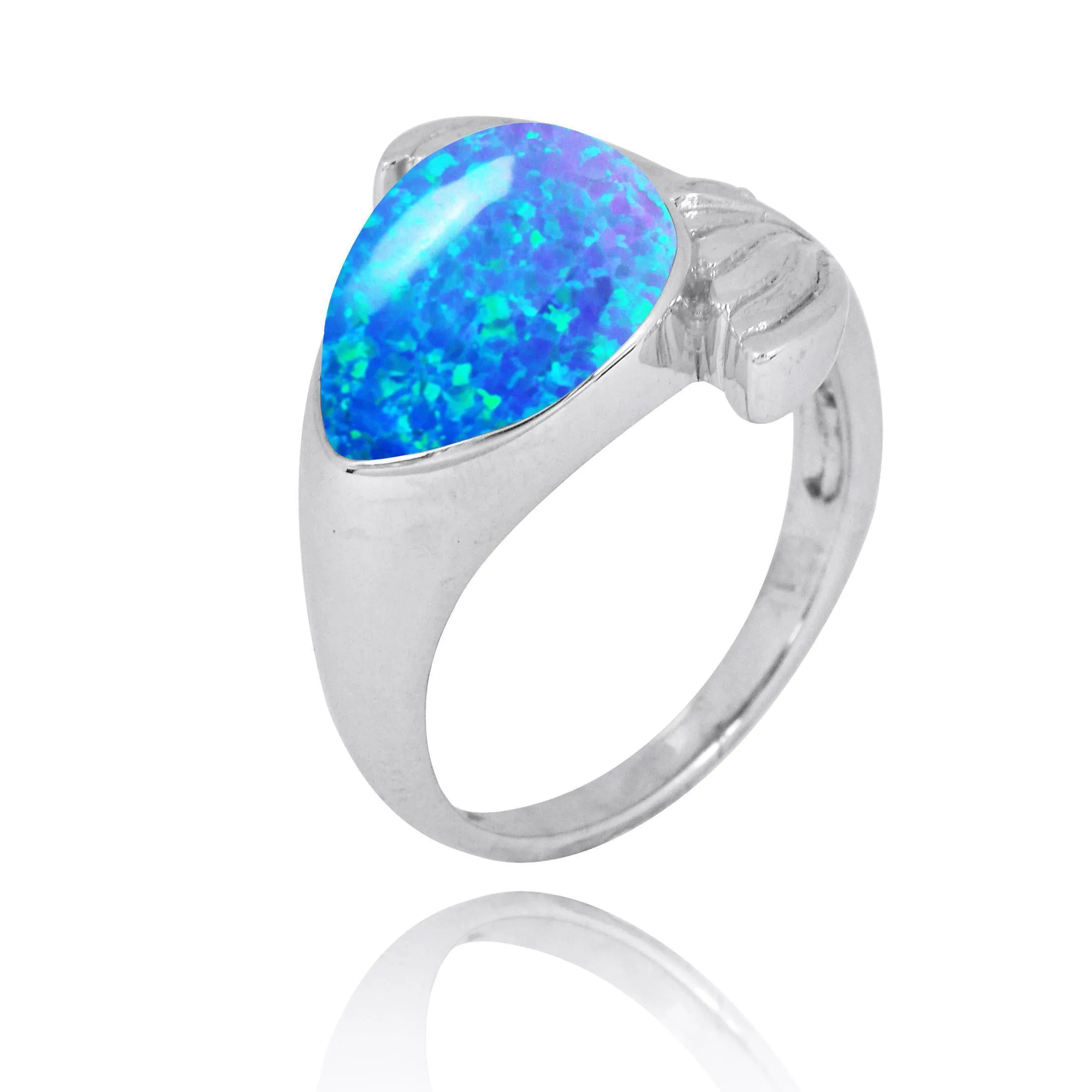 Sterling Silver Whale Tail Ring with Blue Opal and White CZ