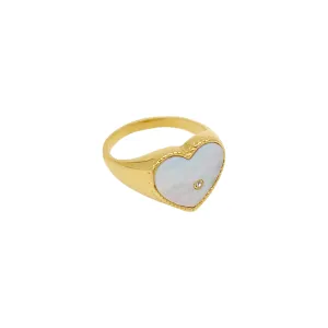 Tarnish Resistant 14k Gold Plated Heart White Mother of Pearl Signet Ring