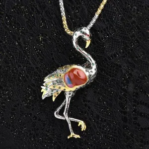 Thai Silver & Fire Opal Hearted Flamingo Necklace Pendant/Brooch