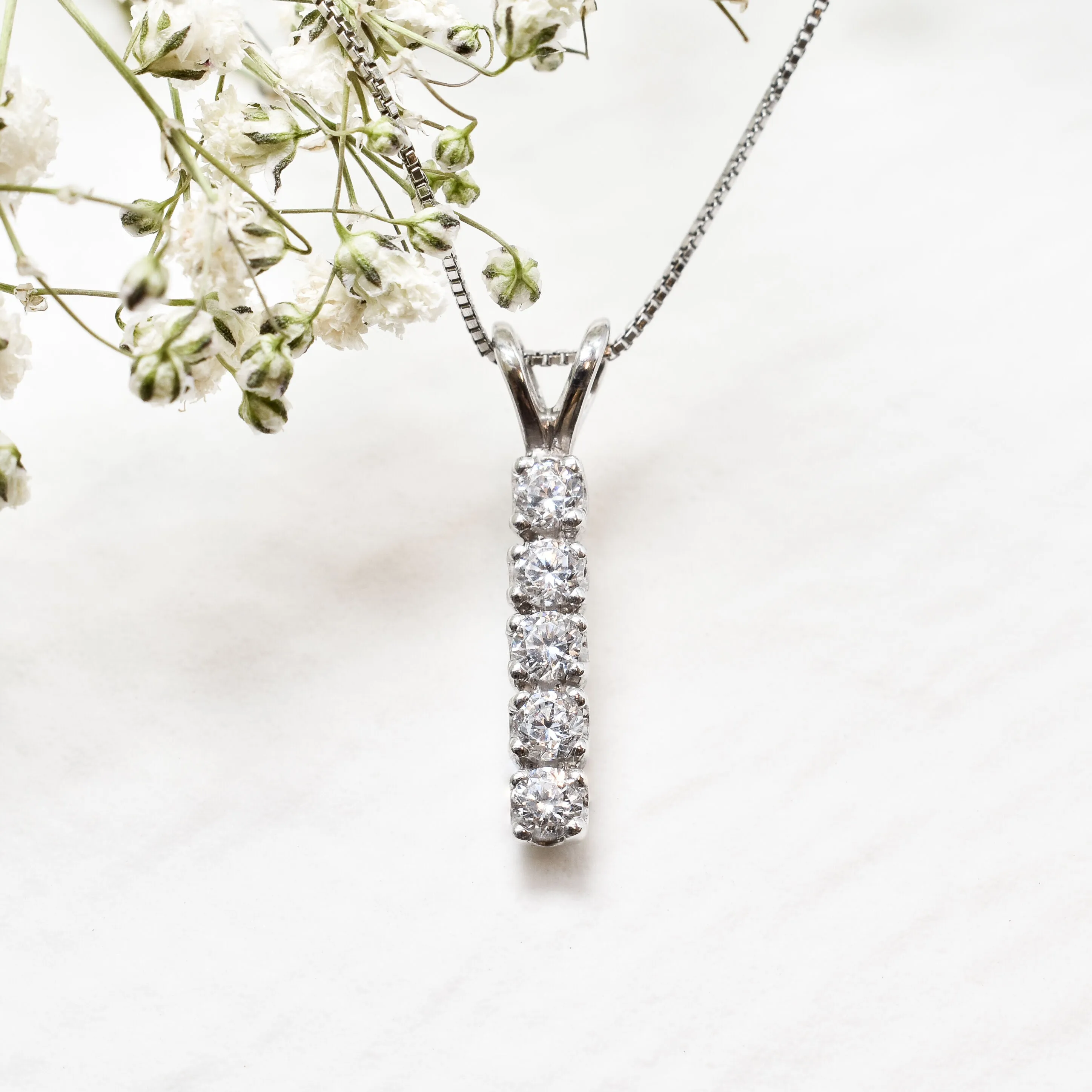 Vertical Diamond Pendant - Silver Bridal Necklace - Diamond Necklace