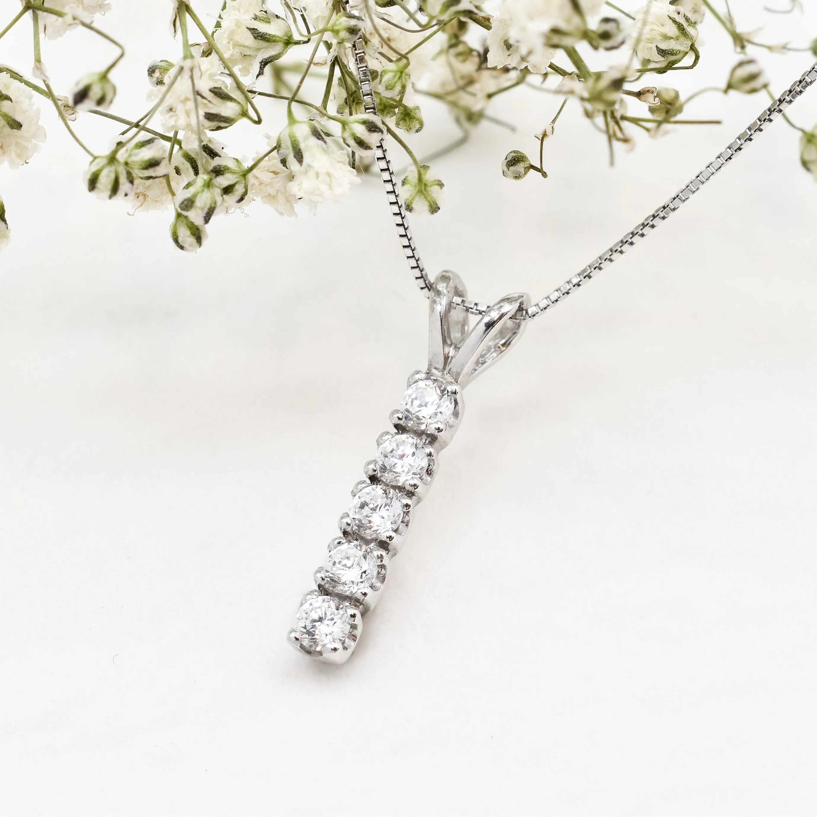 Vertical Diamond Pendant - Silver Bridal Necklace - Diamond Necklace