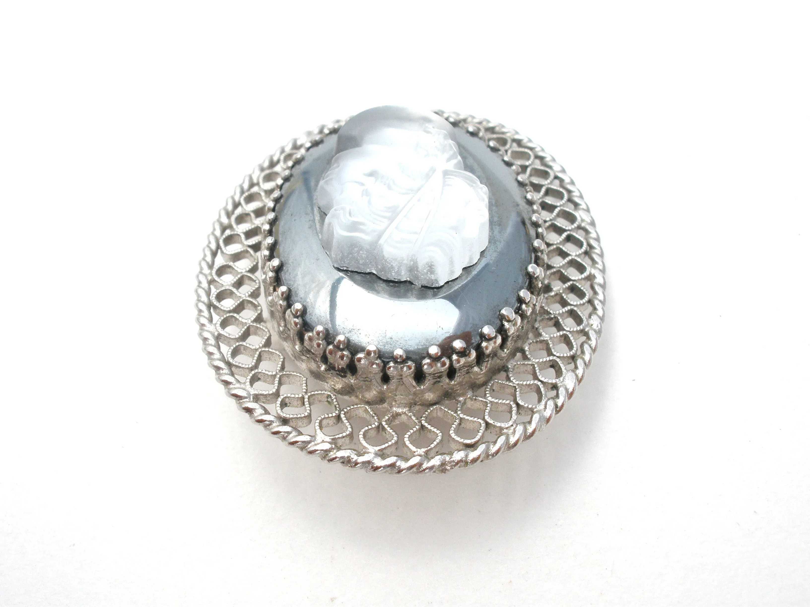 Vintage Raised Glass Cameo Hematite Brooch Pin