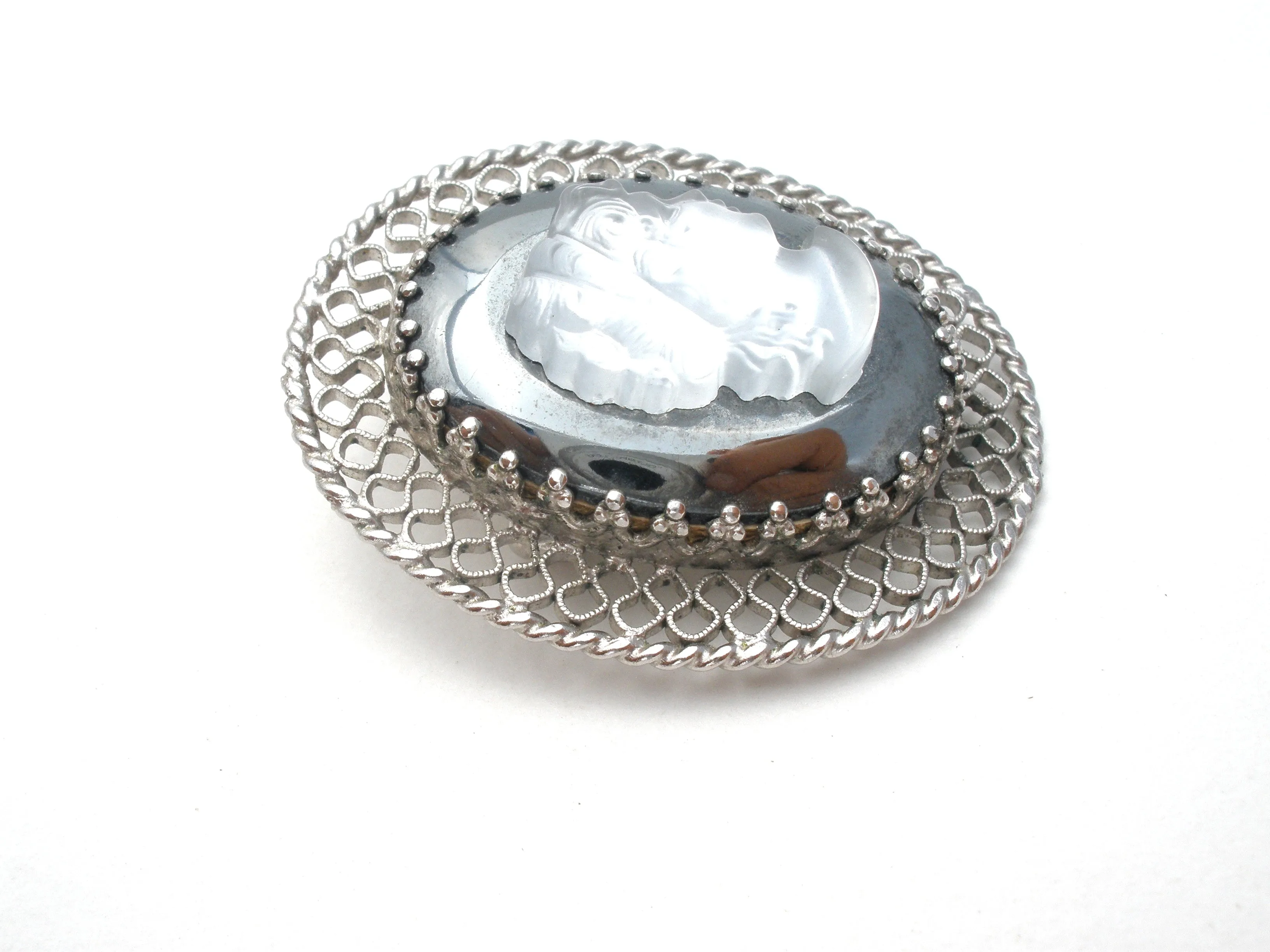 Vintage Raised Glass Cameo Hematite Brooch Pin