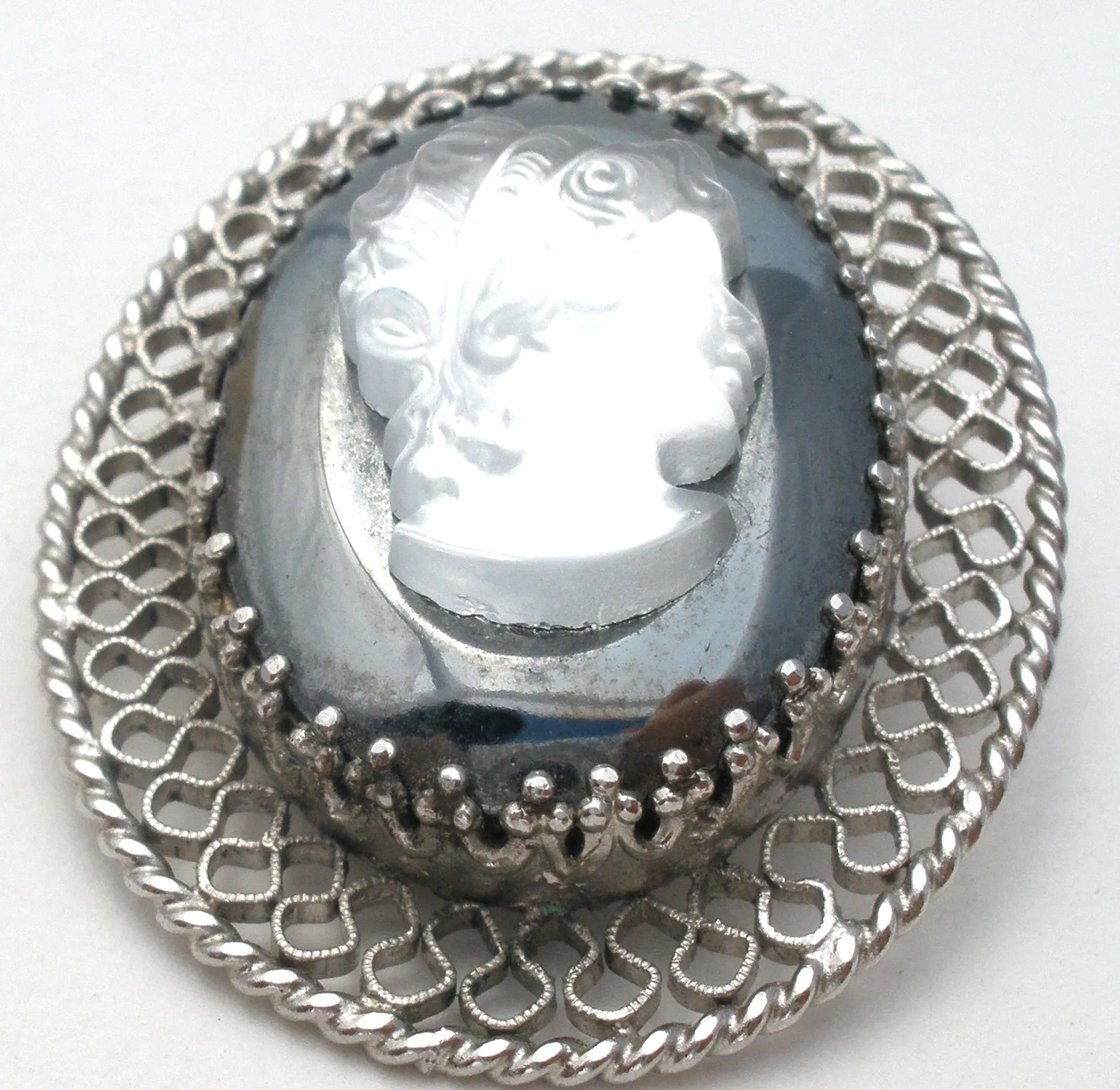 Vintage Raised Glass Cameo Hematite Brooch Pin