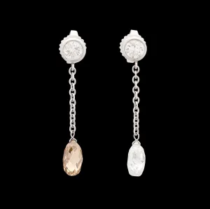 White & Champagne Diamond Drop Platinum Earrings