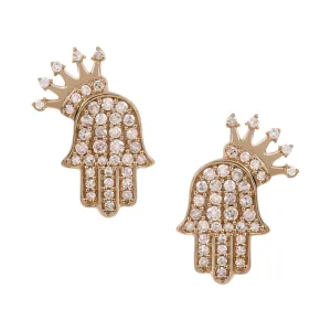 Women's Hamsa Crown Diamond Stud Earrings 0.61ct 14K Yellow Gold