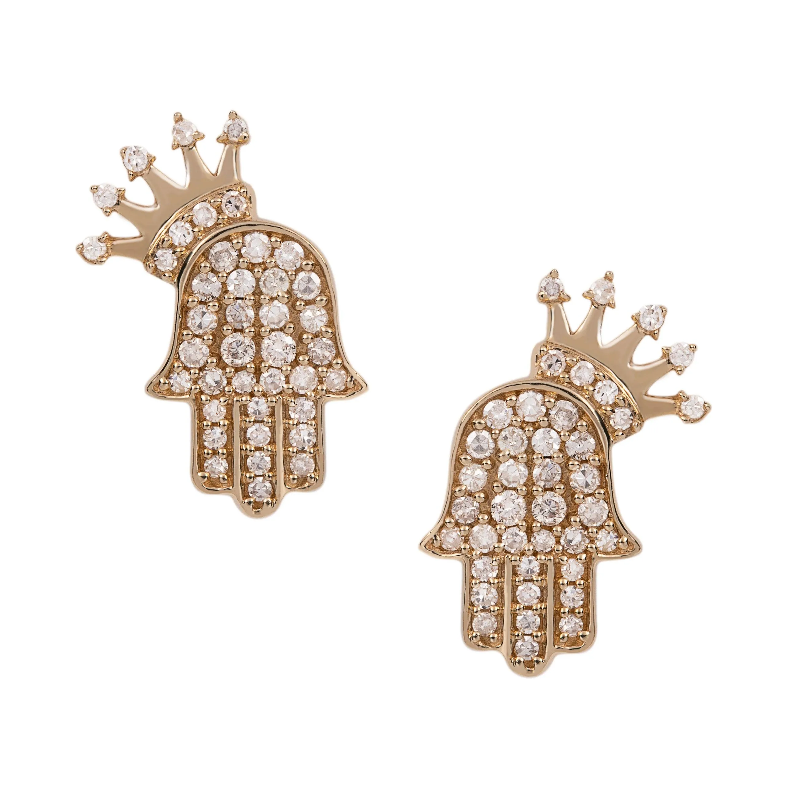 Women's Hamsa Crown Diamond Stud Earrings 0.61ct 14K Yellow Gold